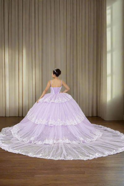 Elowen Sage Green Quinceañera Gown – Floral Ballgown with Train