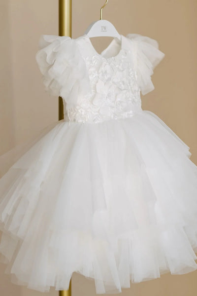 Couture Christening Short Lace Dress with Ruffled Tulle Sleeves