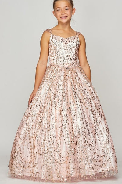 Stunning Blush Luxury Couture Metallic Glitter Girls Pageant Dress