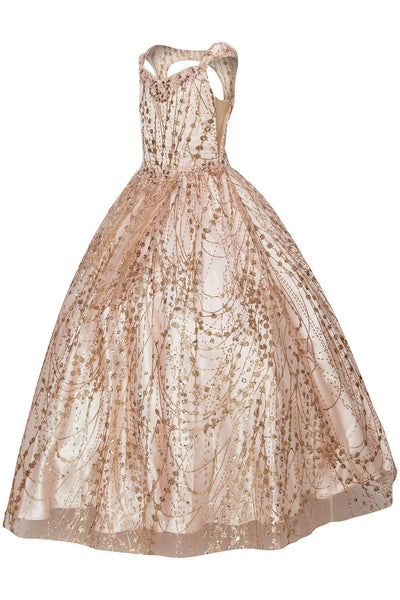 Stunning Blush Luxury Couture Metallic Glitter Girls Pageant Dress