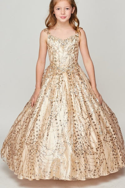 Stunning Blush Luxury Couture Metallic Glitter Girls Pageant Dress