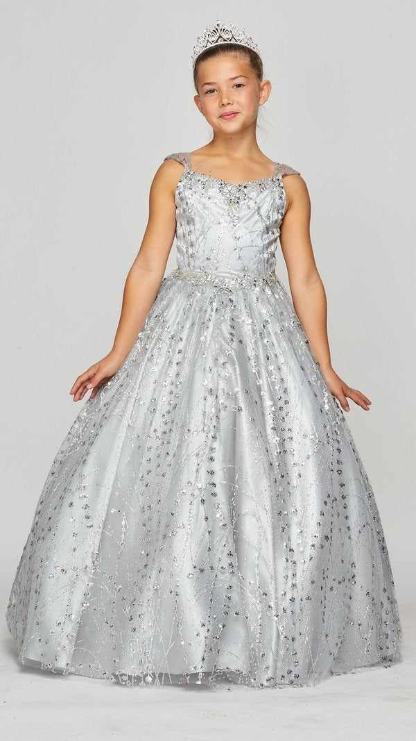 Stunning Blush Luxury Couture Metallic Glitter Girls Pageant Dress