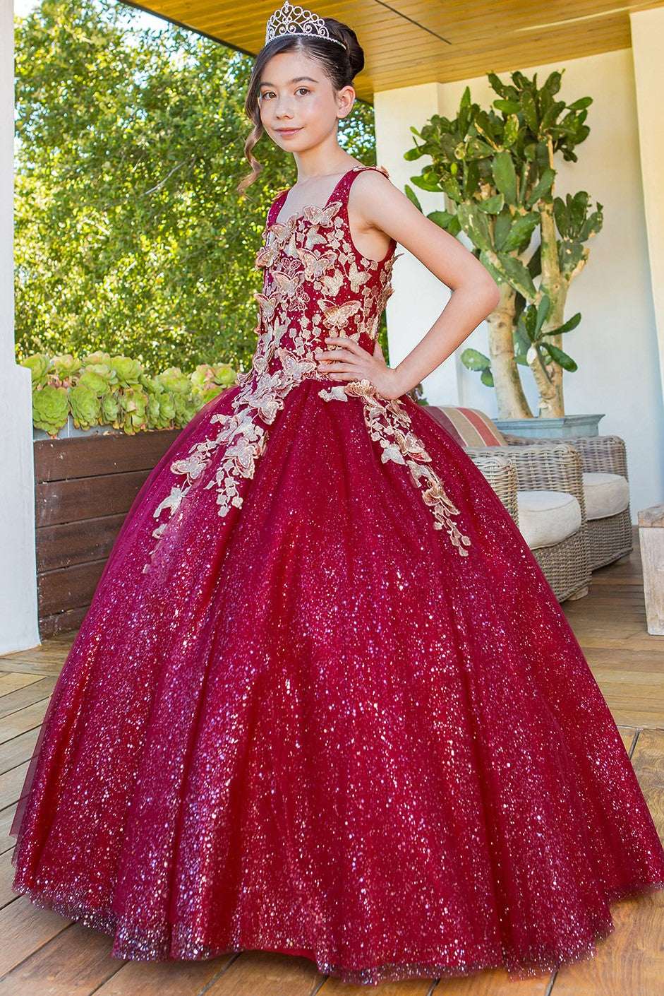 Girls Metallic 3D Floral Embroidered Glitter Pageant Special Occasion Gown