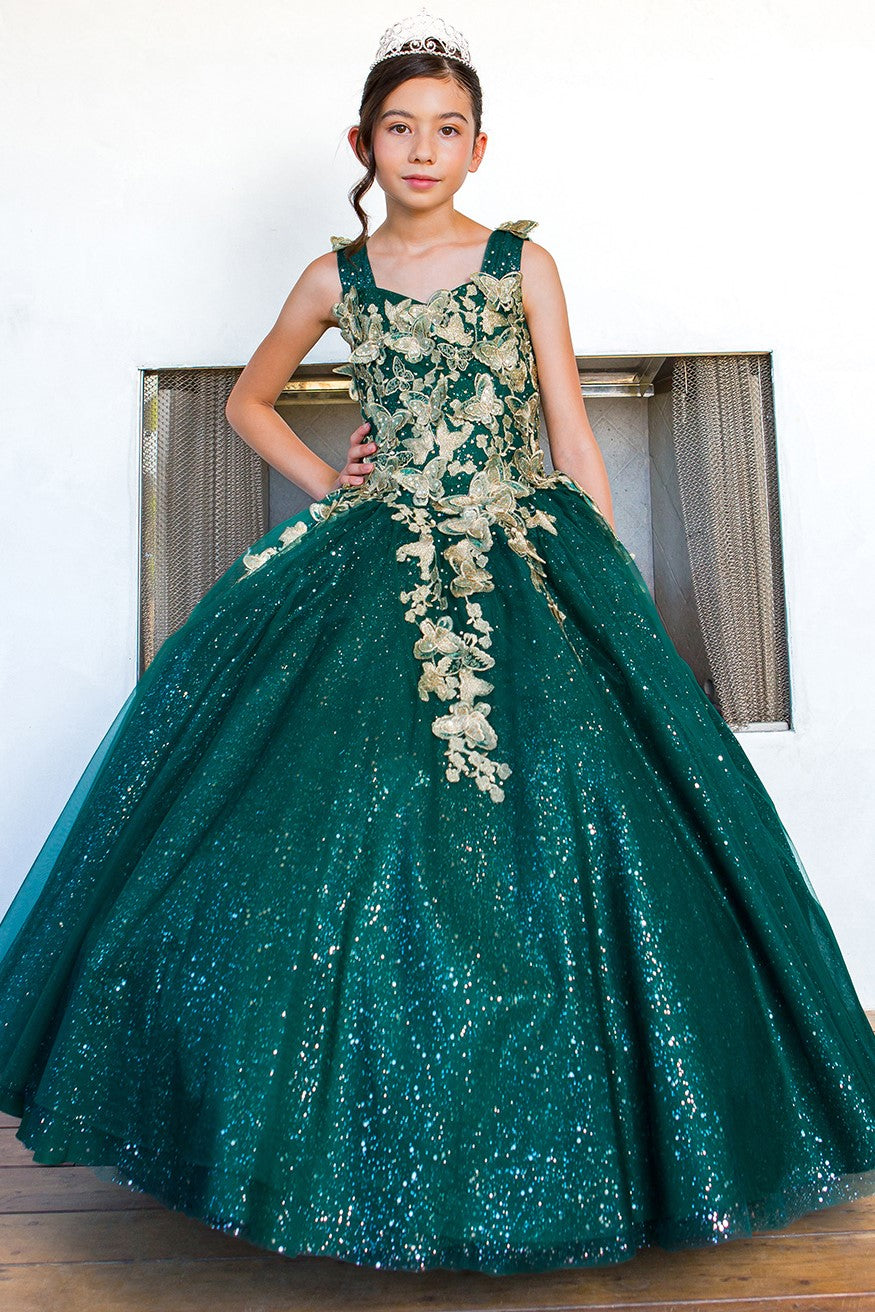 Girls Metallic 3D Floral Embroidered Glitter Pageant Special Occasion Gown