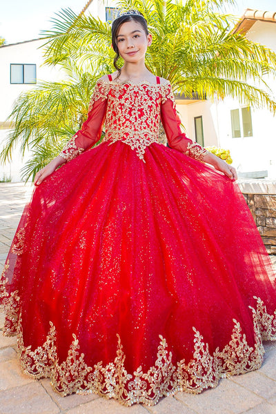Girls 3D Floral Crystal Beaded Glitter Tulle Pageant Mini Quince Ball Gown