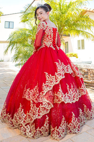 Girls 3D Floral Crystal Beaded Glitter Tulle Pageant Mini Quince Ball Gown