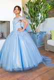 Girls Mini Quince Flower Girl Pageant 3D Floral Embroidered Glitter Tulle Gown