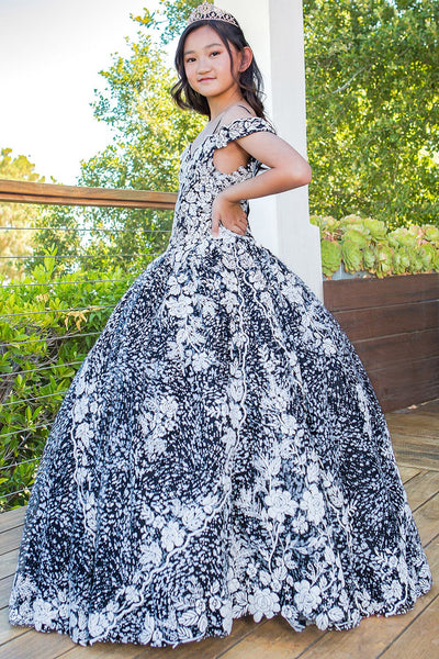 Tween Girls Floral 3D Embroidered Glitter Pageant Flower Girl Party Gown