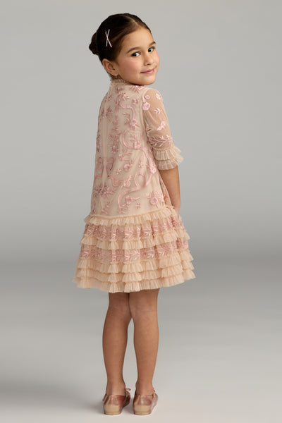 Mac Duggal Girls Embroidered Mesh Ruffle Dress
