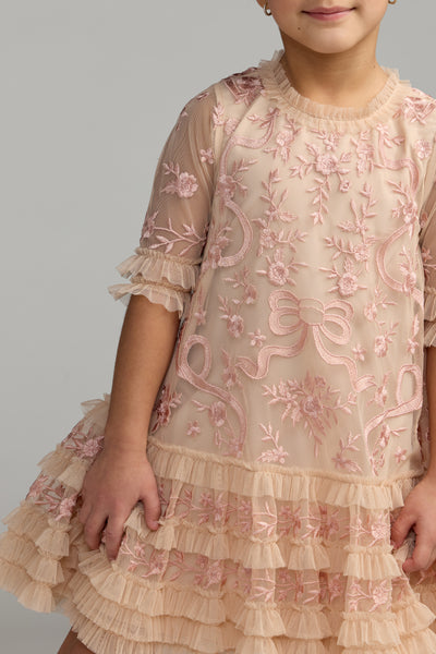 Mac Duggal Girls Embroidered Mesh Ruffle Dress