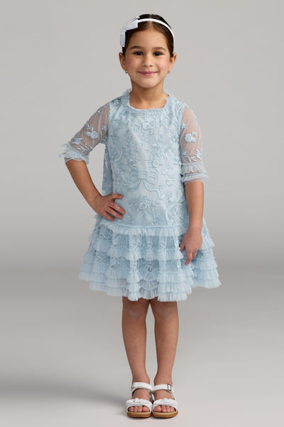 Mac Duggal Girls Embroidered Mesh Ruffle Dress