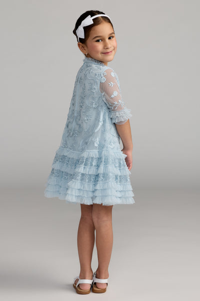 Mac Duggal Girls Embroidered Mesh Ruffle Dress