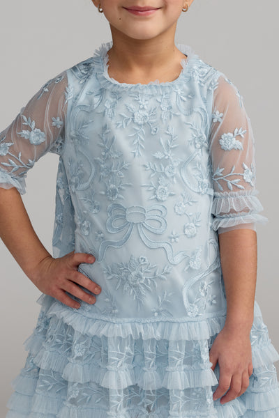 Mac Duggal Girls Embroidered Mesh Ruffle Dress