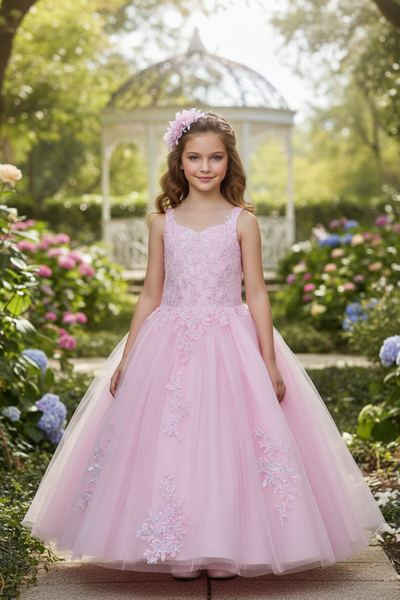 Pink Embroidered Tulle Pageant & Flower Girl Dress | Blush Kids
