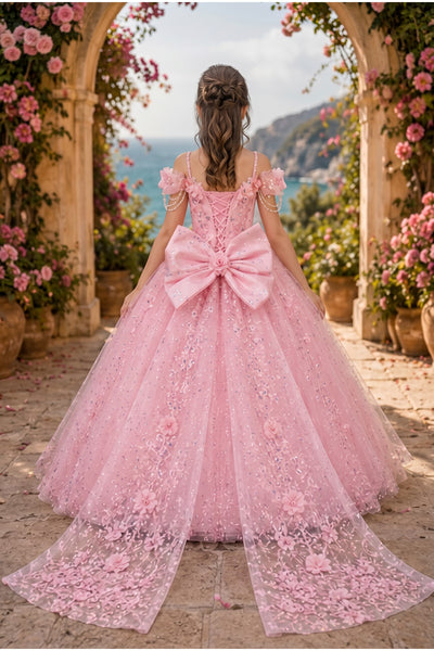 Yellow Girls Pageant Dress with Train & Bow