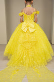 Yellow Girls Pageant Dress with Train & Bow