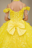 Yellow Girls Pageant Dress with Train & Bow
