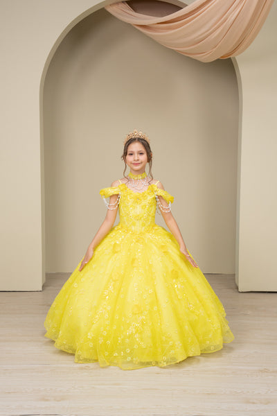 Yellow Girls Pageant Dress with Train & Bow