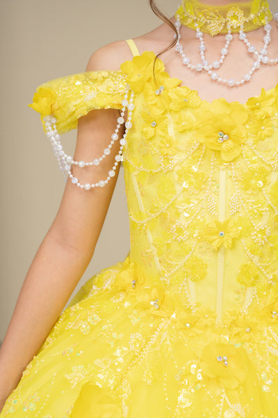 Yellow Girls Pageant Dress with Train & Bow