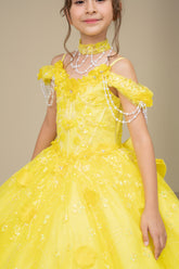 Yellow Girls Pageant Dress with Train & Bow