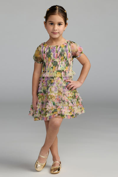 Mac Duggal Girls Floral Mesh Ruffle Party Dress