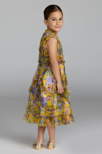 Mac Duggal Girls Floral Ruffle Mesh Dress