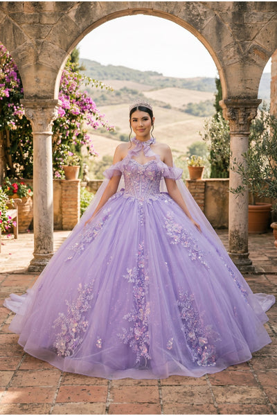 Floral Quinceañera Dress with Cape | Blush Quinceañera