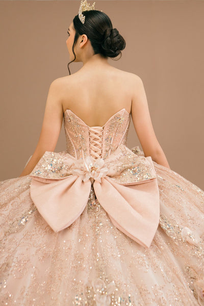 Rose Gold Crystal Quinceañera Ball Gown with Train