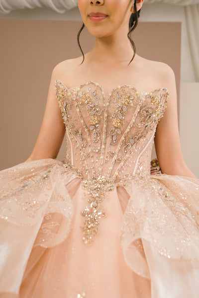 Rose Gold Crystal Quinceañera Ball Gown with Train