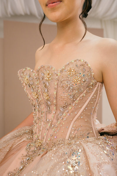 Rose Gold Crystal Quinceañera Ball Gown with Train
