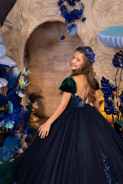 Elandra Midnight Bloom Couture Navy Blue & Green Girls Pageant Gown