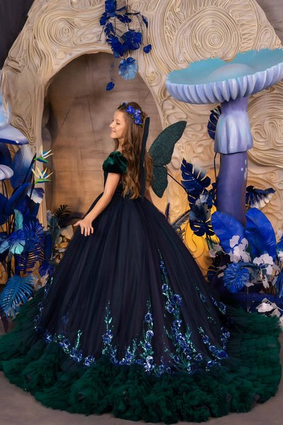 Elandra Midnight Bloom Couture Navy Blue & Green Girls Pageant Gown