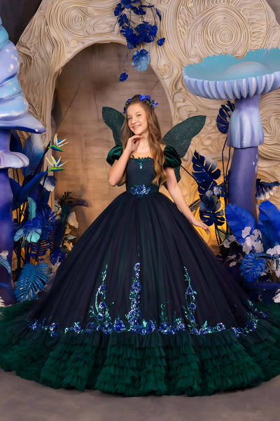 Elandra Midnight Bloom Couture Navy Blue & Green Girls Pageant Gown