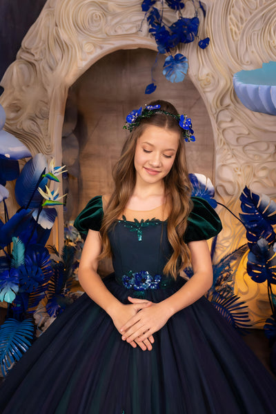 Elandra Midnight Bloom Couture Navy Blue & Green Girls Pageant Gown