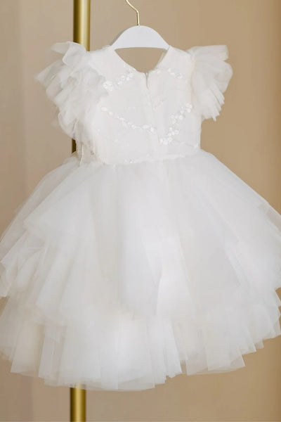 Couture Christening Short Lace Dress with Ruffled Tulle Sleeves
