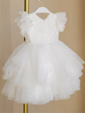 Couture Christening Short Lace Dress with Ruffled Tulle Sleeves