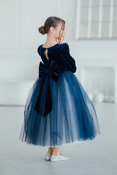 Velvet Tulle Flower Girl Dress - Natalia Girls Midi Length Dress
