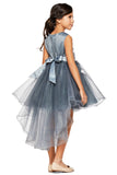 Silver Girls Hi Low Pageant Dress with Floral Lace