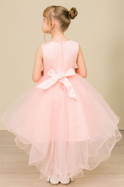 Silver Girls Hi Low Pageant Dress with Floral Lace