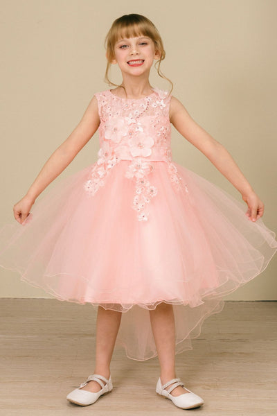 Silver Girls Hi Low Pageant Dress with Floral Lace