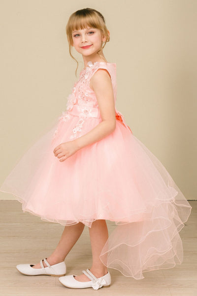Silver Girls Hi Low Pageant Dress with Floral Lace