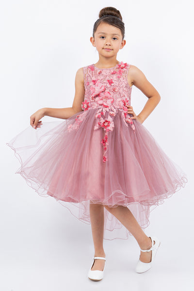 Silver Girls Hi Low Pageant Dress with Floral Lace