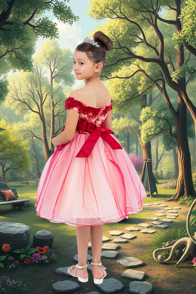 Knee Length Girls Off-Shoulder Dress | Flower Girl & Pageant