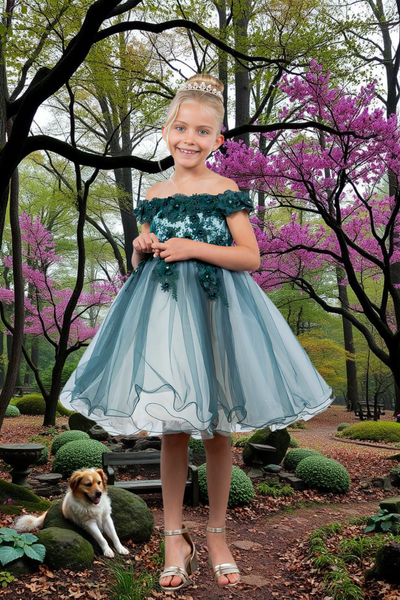 Knee Length Girls Off-Shoulder Dress | Flower Girl & Pageant