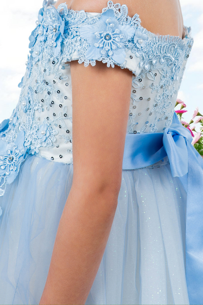 Knee Length Girls Off-Shoulder Dress | Flower Girl & Pageant