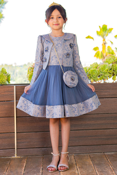 Royal Blue & Pink Girls Special Occasion Dress with Purse