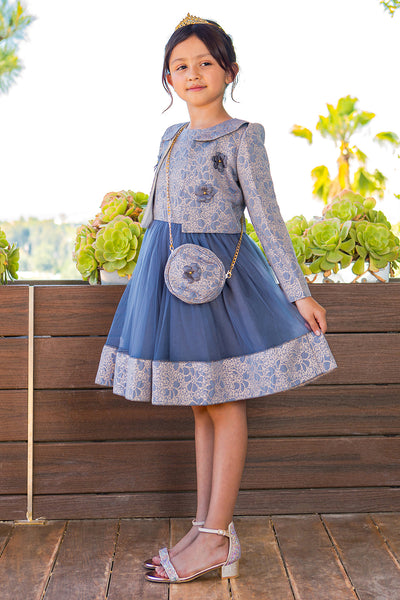 Royal Blue & Pink Girls Special Occasion Dress with Purse