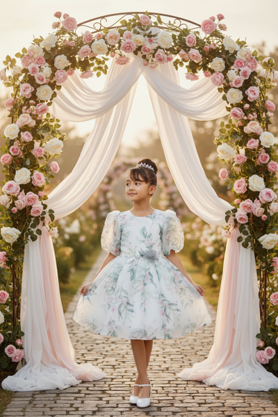 Floral Puff Sleeve Girls Dress – Party & Special Occasion