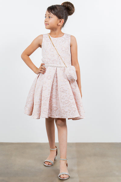 Pink Jacquard Wedding Flower Girl Dress with Purse