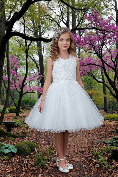 Girls Short Pageant & Party Dress – Blush, White, Champagne